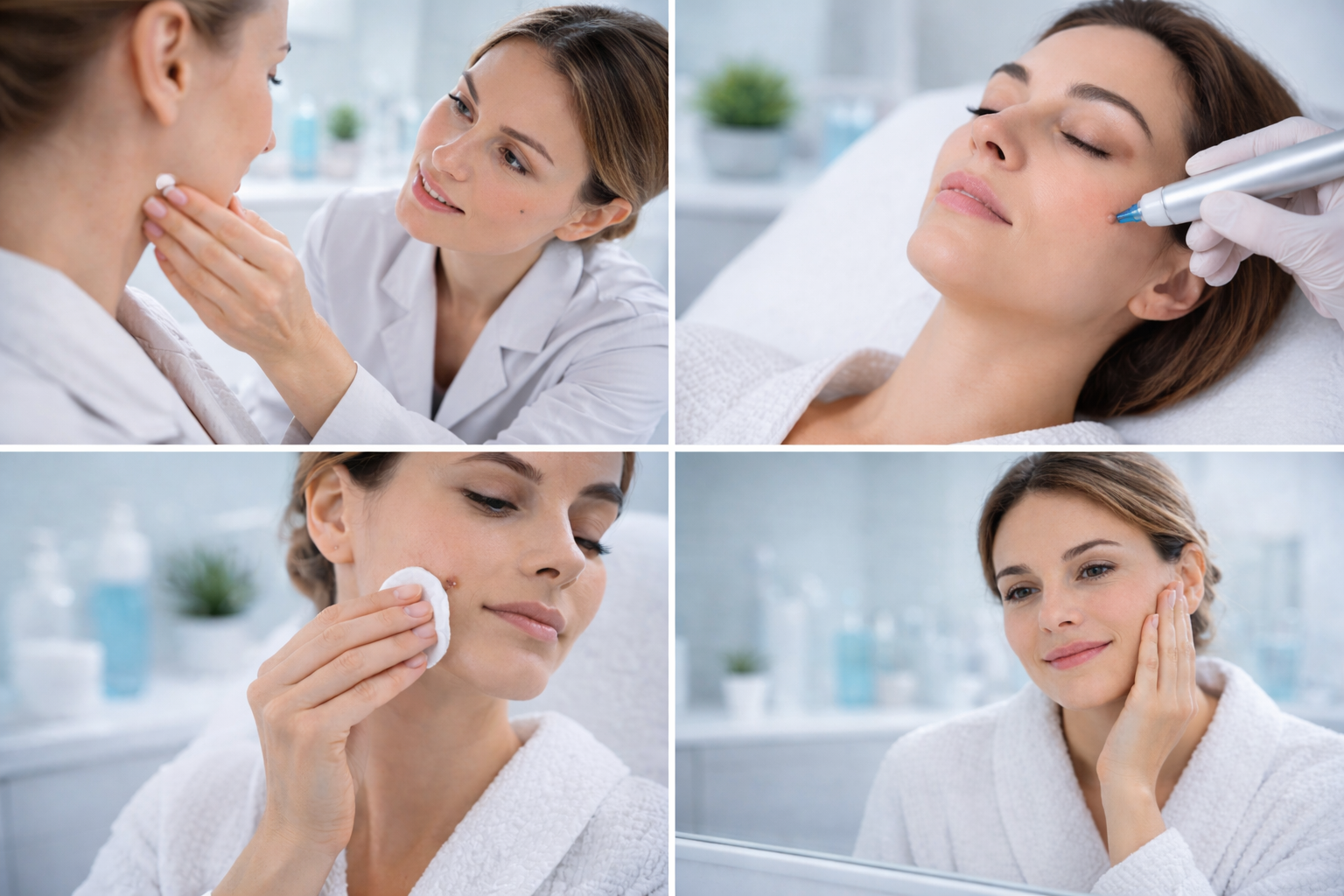 A calm and orderly treatment room with a treatment bed, medical equipment and soft lighting.